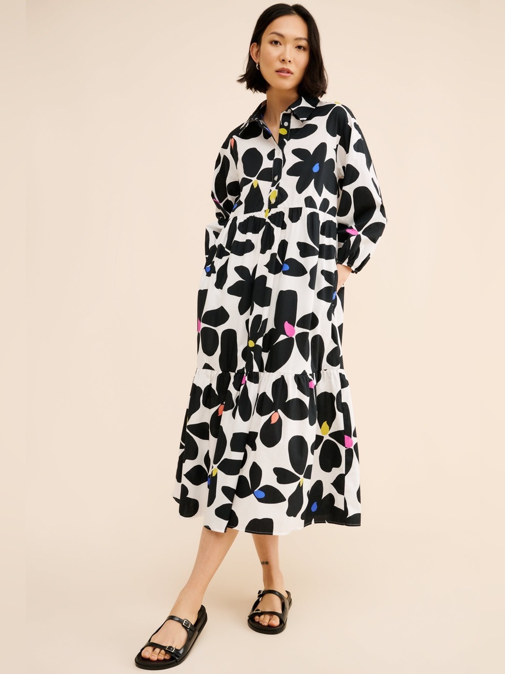 Black & White Floral Print Shirt Dress with Color Accents